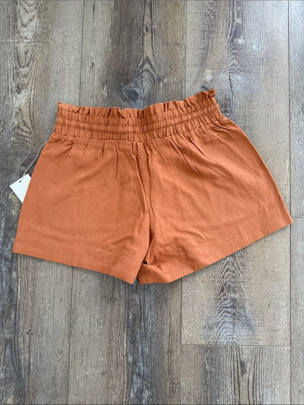 Women’s High Waist Rust Drawstring Linen-Blend Shorts - Picture 2 of 5